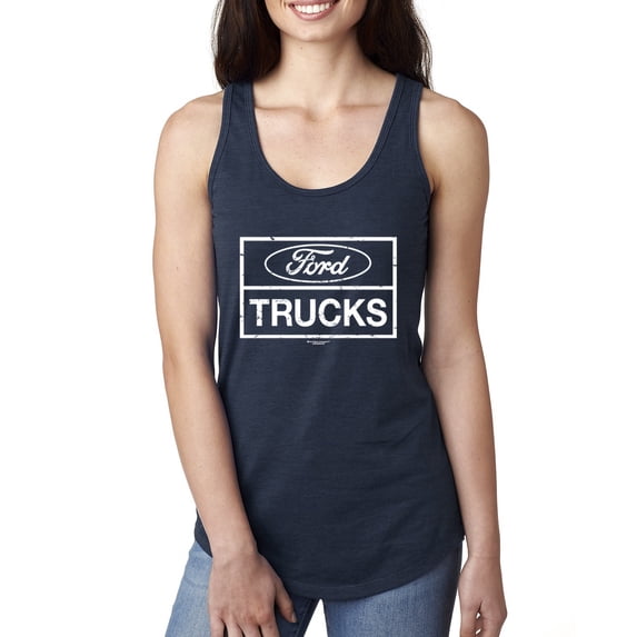 Wild Bobby, Ford Trucks White Sign, Cars and Trucks, Women Racerback Tank Top, Navy, Large
