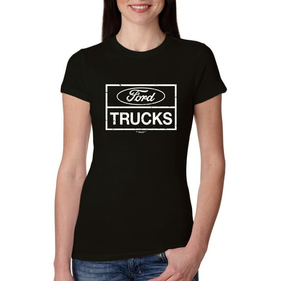 Wild Bobby, Ford Trucks White Sign, Cars and Trucks, Women Slim Fit Junior Tee, Black, Large