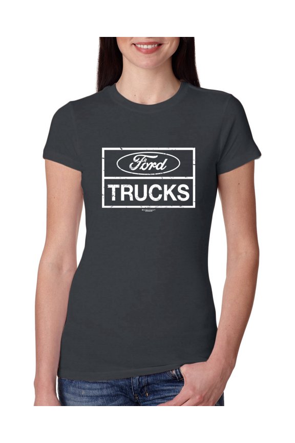 , Ford Trucks White Sign, Cars and Trucks, Women Slim Fit Junior Tee, Dark Grey, Small