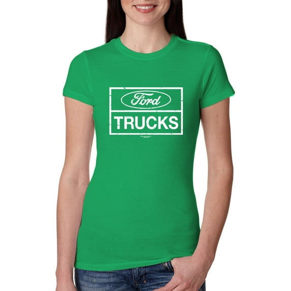 Wild Bobby, Ford Trucks White Sign, Cars and Trucks, Women Slim Fit Junior Tee, Kelly, X-Large