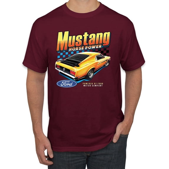 Wild Bobby Ford Yellow Mustang Horsepower Cars and Trucks Men Graphic Tee, Maroon, 5X-Large