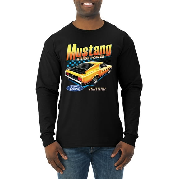 Wild Bobby, Ford Yellow Mustang Horsepower Cars and Trucks Men Long Sleeve Shirt, Black, Small