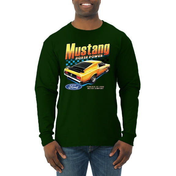 Wild Bobby, Ford Yellow Mustang Horsepower Cars and Trucks Men Long Sleeve Shirt, Forest Green, Small
