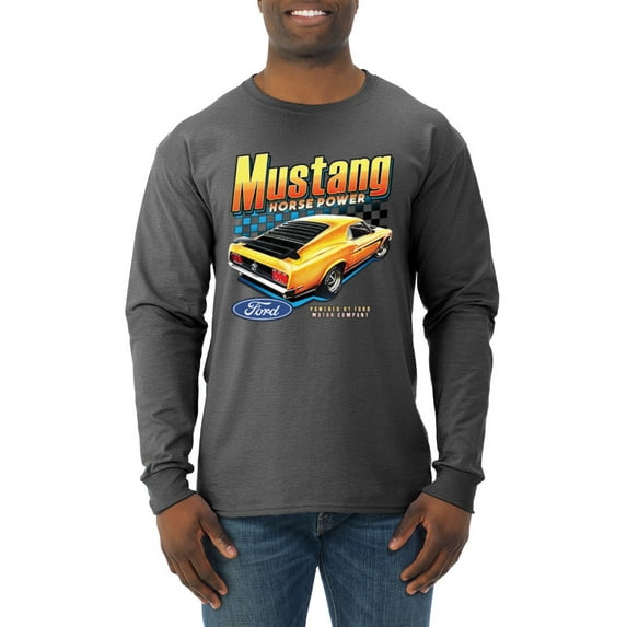 Wild Bobby, Ford Yellow Mustang Horsepower Cars and Trucks Men Long Sleeve Shirt, Heather Black, Large