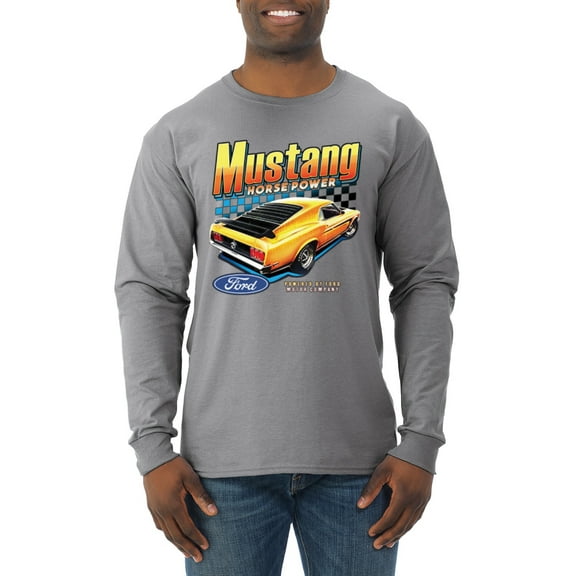 Wild Bobby, Ford Yellow Mustang Horsepower Cars and Trucks Men Long Sleeve Shirt, Heather Grey, Large