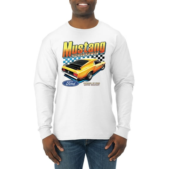Wild Bobby, Ford Yellow Mustang Horsepower Cars and Trucks Men Long Sleeve Shirt, White, Large