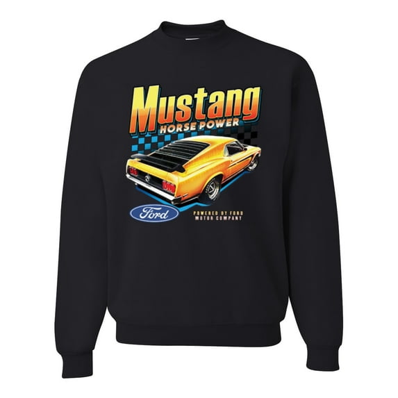 Wild Bobby, Ford Yellow Mustang Horsepower Cars and Trucks Unisex Crewneck Graphic Sweatshirt, Black, Small