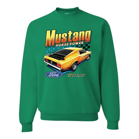 Wild Bobby, Ford Yellow Mustang Horsepower Cars and Trucks Unisex Crewneck Graphic Sweatshirt, Kelly, Large