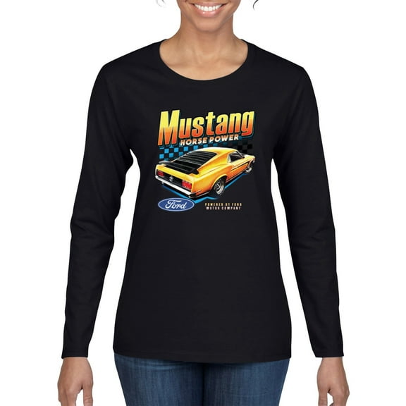 Wild Bobby Ford Yellow Mustang Horsepower Cars and Trucks Women Graphic Long Sleeve Tee, Black, Small