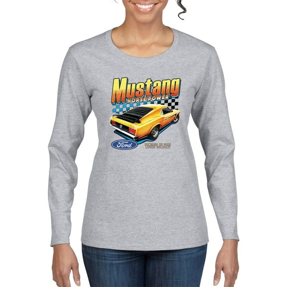 Wild Bobby Ford Yellow Mustang Horsepower Cars and Trucks Women Graphic Long Sleeve Tee, Heather Grey, Large