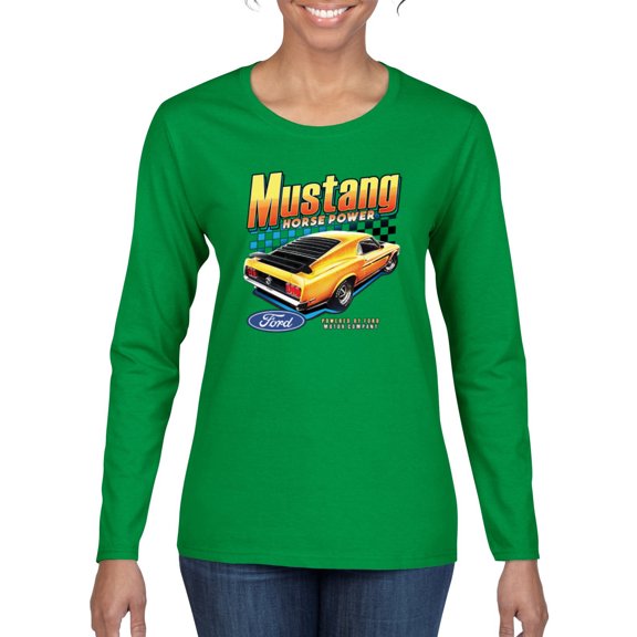 Wild Bobby Ford Yellow Mustang Horsepower Cars and Trucks Women Graphic Long Sleeve Tee, Kelly, Large