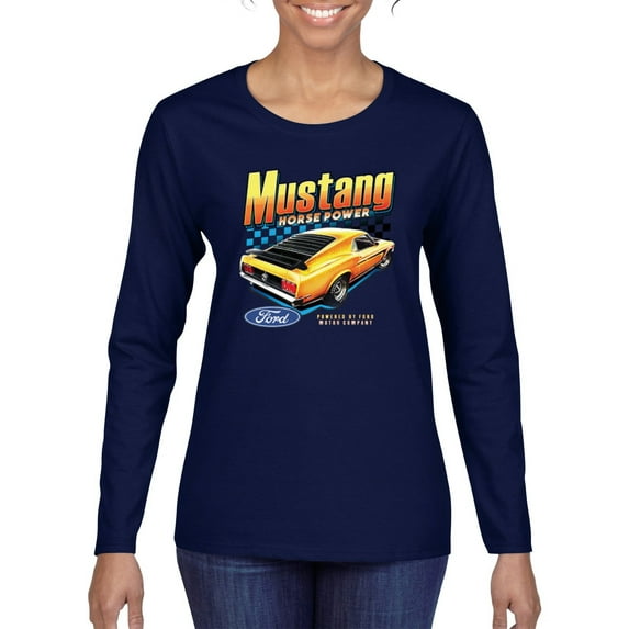 Wild Bobby Ford Yellow Mustang Horsepower Cars and Trucks Women Graphic Long Sleeve Tee, Navy, Large