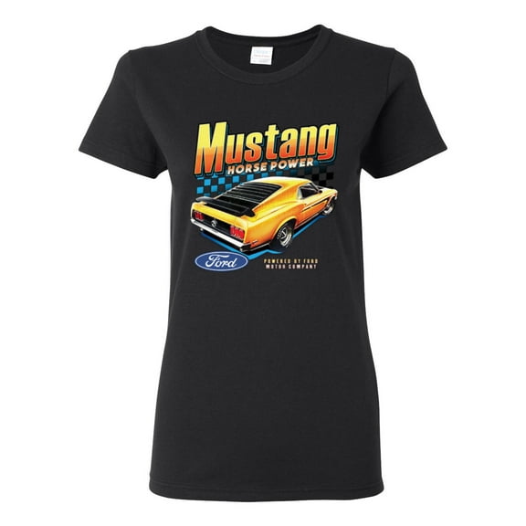 Wild Bobby Ford Yellow Mustang Horsepower Cars and Trucks Women Graphic Tee, Black, Small