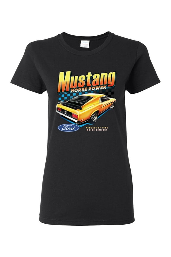 Ford Yellow Mustang Horsepower Cars and Trucks Women Graphic Tee, Black, Small
