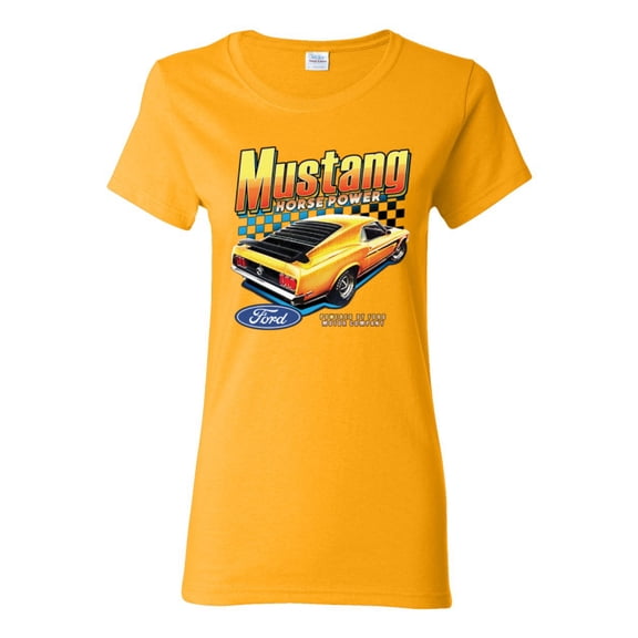 Wild Bobby Ford Yellow Mustang Horsepower Cars and Trucks Women Graphic Tee, Gold, XX-Large