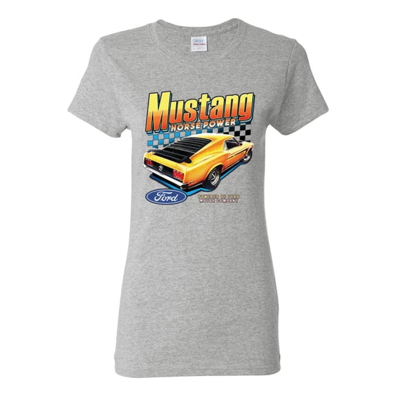 Wild Bobby Ford Yellow Mustang Horsepower Cars and Trucks Women Graphic Tee, Heather Grey, Large
