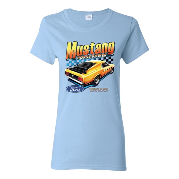Wild Bobby Ford Yellow Mustang Horsepower Cars and Trucks Women Graphic Tee, Light Blue, Medium