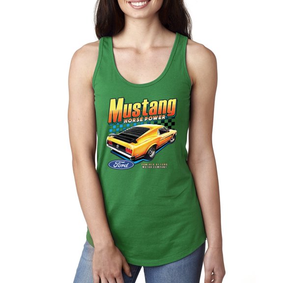 Wild Bobby, Ford Yellow Mustang Horsepower Cars and Trucks Women Racerback Tank Top, Kelly, Medium