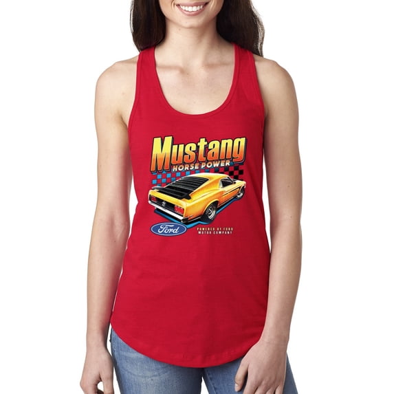 Wild Bobby, Ford Yellow Mustang Horsepower Cars and Trucks Women Racerback Tank Top, Red, Large