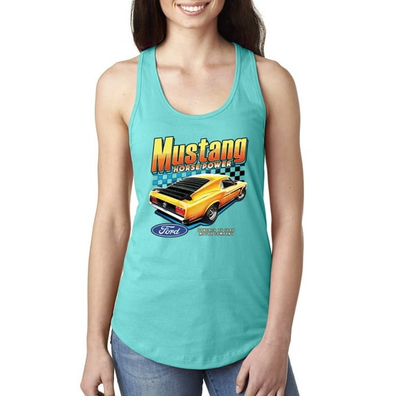 Wild Bobby, Ford Yellow Mustang Horsepower Cars and Trucks Women Racerback Tank Top, Tahiti Blue, Small