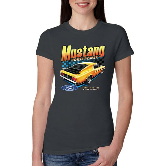 Wild Bobby, Ford Yellow Mustang Horsepower Cars and Trucks Women Slim Fit Junior Tee, Dark Grey, Large