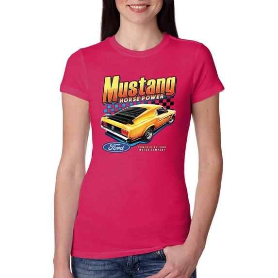 Wild Bobby, Ford Yellow Mustang Horsepower Cars and Trucks Women Slim Fit Junior Tee, Raspberry, X-Large