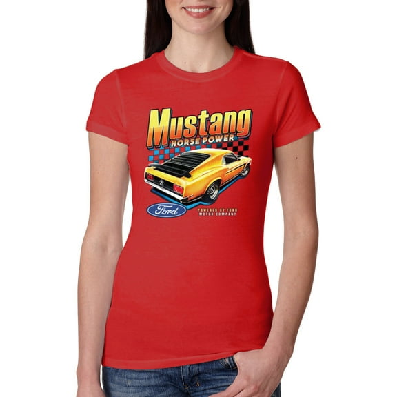 Wild Bobby, Ford Yellow Mustang Horsepower Cars and Trucks Women Slim Fit Junior Tee, Red, Large