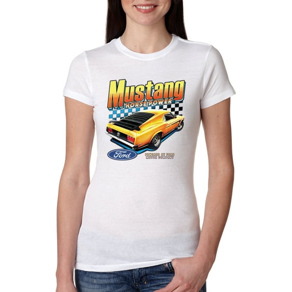 Wild Bobby Ford Yellow Mustang Horsepower Cars and Trucks Women Slim Fit Junior Tee, White, XX-Large