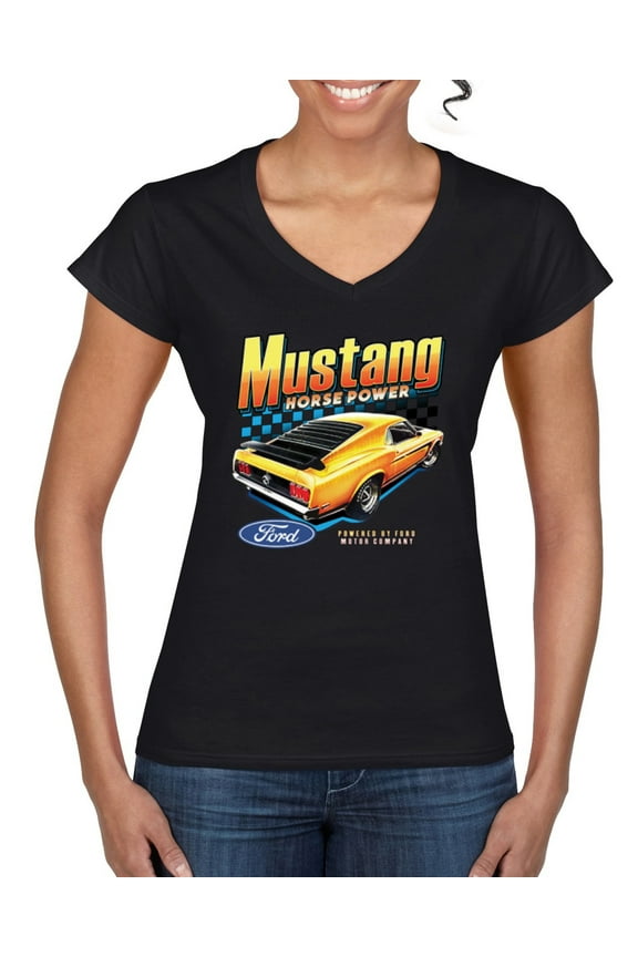 Ford Yellow Mustang Horsepower Cars and Trucks Women Standard V-Neck Tee, Black, Small