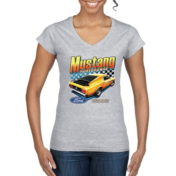 Wild Bobby Ford Yellow Mustang Horsepower Cars and Trucks Women Standard V-Neck Tee, Heather Grey, Medium
