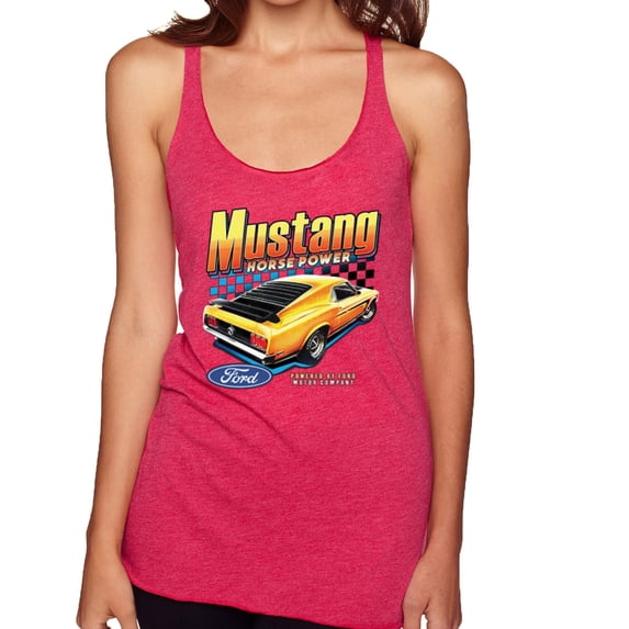 Wild Bobby Ford Yellow Mustang Horsepower Cars and Trucks Women Tri-Blend Racerback Tank Top, Shocking Pink, X-Large