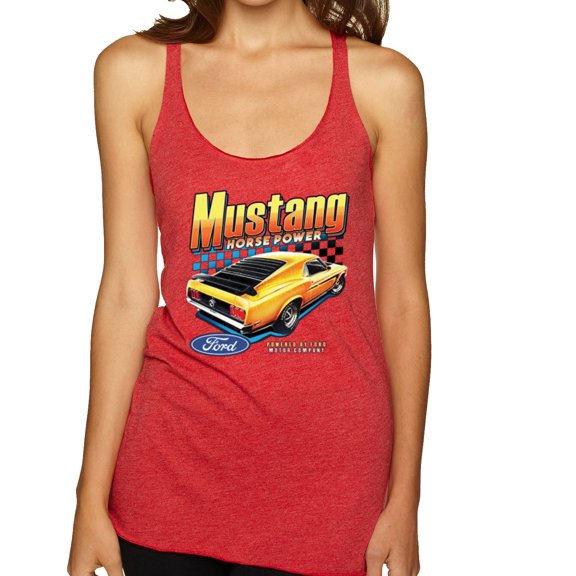 Wild Bobby Ford Yellow Mustang Horsepower Cars and Trucks Women Tri-Blend Racerback Tank Top, Vintage Red, Medium