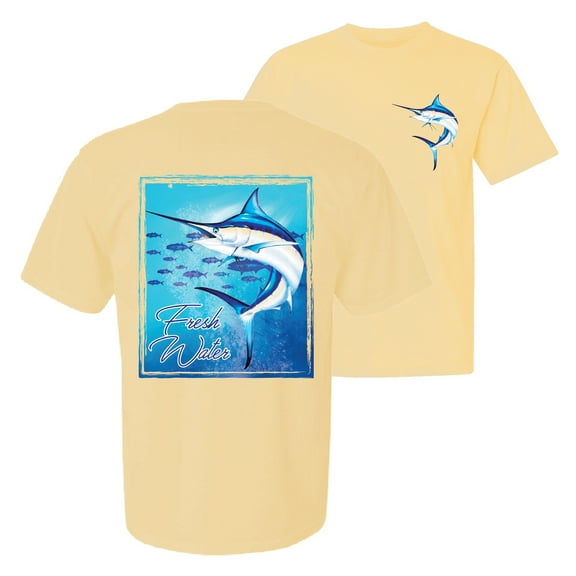 Wild Bobby, Fresh Water Swordfish Atlantic Pacific Fish, Fishing, Front and Back Garment-Dyed Short Sleeve Tees, Banana, 2XL