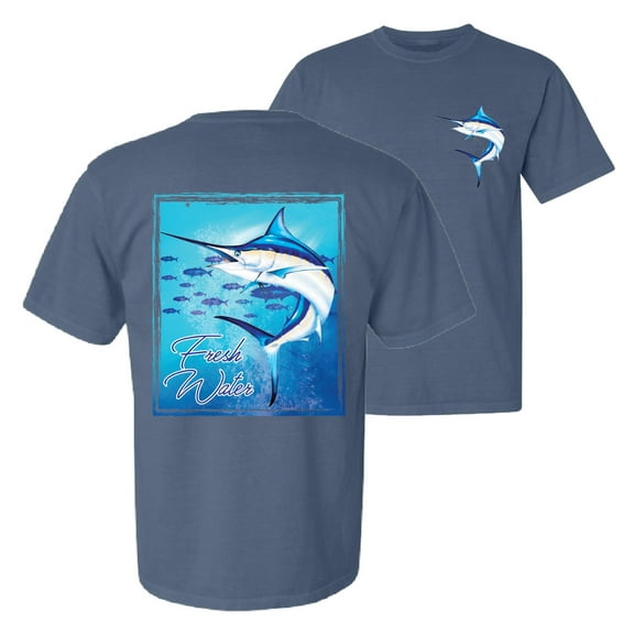 Wild Bobby, Fresh Water Swordfish Atlantic Pacific Fish, Fishing, Front and Back Garment-Dyed Short Sleeve Tees, Navy, Medium