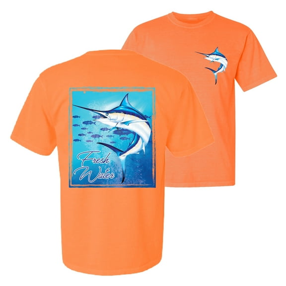 Wild Bobby, Fresh Water Swordfish Atlantic Pacific Fish, Fishing, Front and Back Garment-Dyed Short Sleeve Tees, Neon Orange, 2XL
