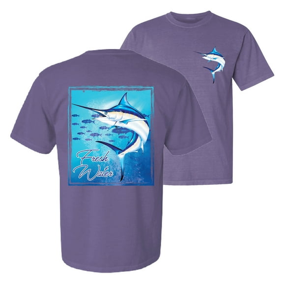 Wild Bobby, Fresh Water Swordfish Atlantic Pacific Fish, Fishing, Front and Back Garment-Dyed Short Sleeve Tees, Purple, Large