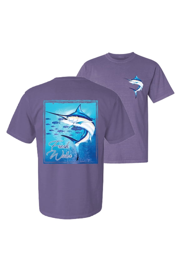 , Fresh Water Swordfish Atlantic Pacific Fish, Fishing, Front and Back Garment-Dyed Short Sleeve Tees, Purple, Large