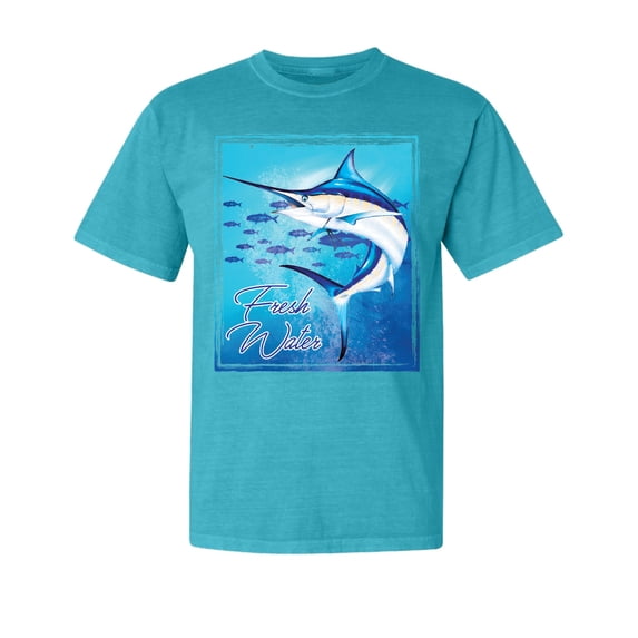 Wild Bobby, Fresh Water Swordfish Atlantic Pacific, Fish, Garment-Dyed Washed Look Short Sleeve Tees, Blue Lagoon, Large