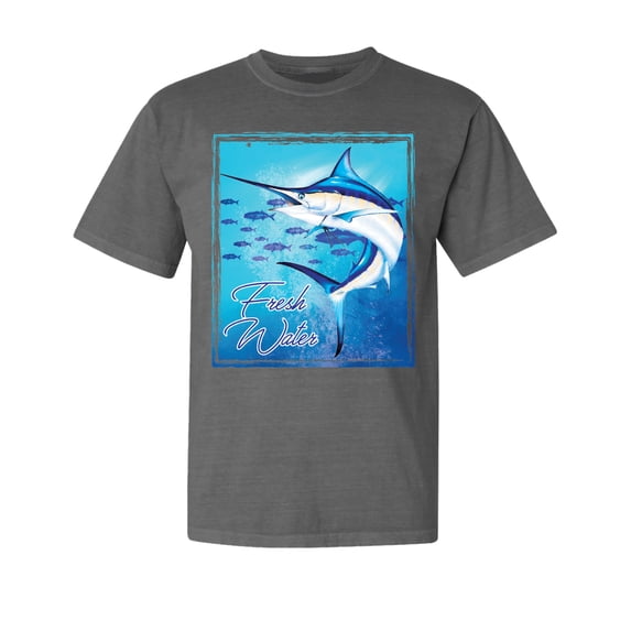 Wild Bobby, Fresh Water Swordfish Atlantic Pacific, Fish, Garment-Dyed Washed Look Short Sleeve Tees, Charcoal, Medium
