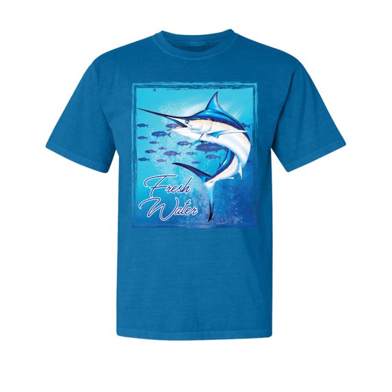 Wild Bobby, Fresh Water Swordfish Atlantic Pacific, Fish, Garment-Dyed Washed Look Short Sleeve Tees, Cobalt, Large