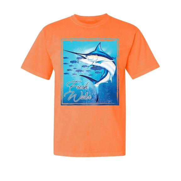 Wild Bobby, Fresh Water Swordfish Atlantic Pacific, Fish, Garment-Dyed Washed Look Short Sleeve Tees, Neon Orange, Medium