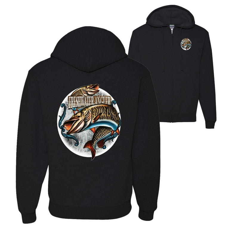 Wild Bobby,Freshwater Angler Fishing Front and Back Graphic Zip Up Hoodie  Sweatshirt, Black, Small
