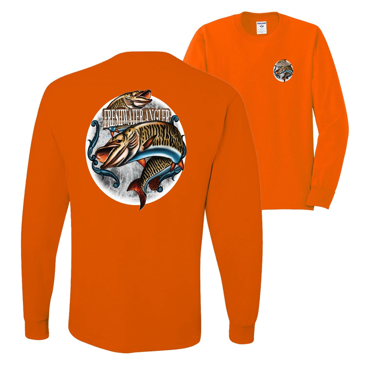 Wild Bobby,Freshwater Angler Fishing Front and Back Mens Long Sleeve Shirt,  Orange, Large