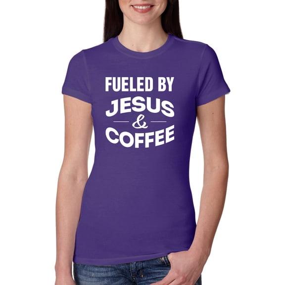 Wild Bobby, Fueled by Jesus and Coffee Funny Christian | Womens Inspirational/Christian Slim Fit Junior Tee, Purple Rush, Large