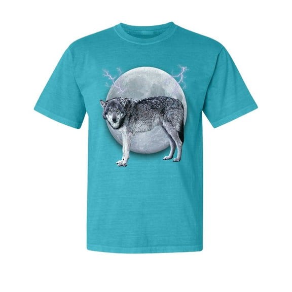 Wild Bobby, Full Moon Dire Snow Wolf, Animal Lover, Garment-Dyed Washed Look Short Sleeve T-Shirt, Blue Lagoon, Medium