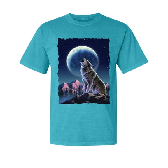 Wild Bobby, Full Moon Snow Wolf Howling, Animal Lover, Garment-Dyed Washed Look Short Sleeve T-Shirt, Blue Lagoon, Small