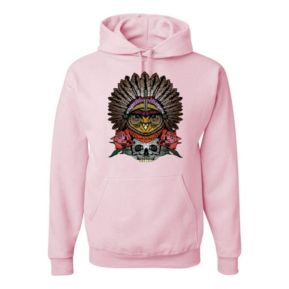 Wild Bobby, Funny Bird Chief Skull and Roses Vintage Fashion Graphic Hoodie Sweatshirt, Light Pink, Small