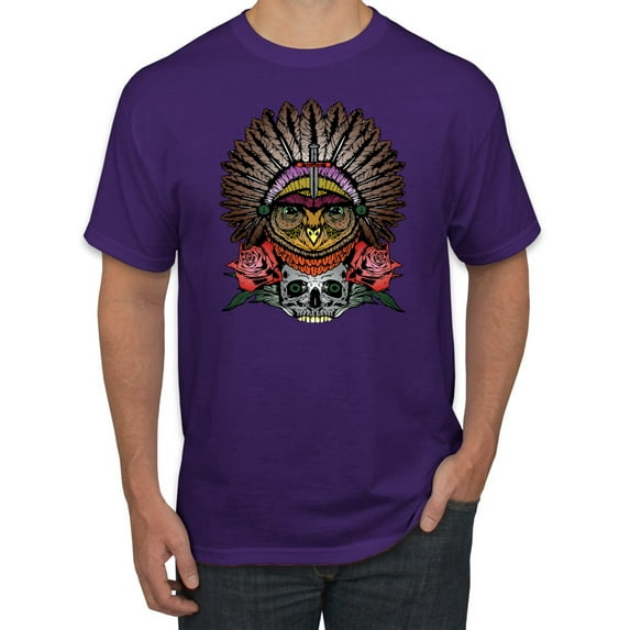 Wild Bobby, Funny Bird Chief Skull and Roses Vintage Fashion Graphic T-Shirt, Purple, 4XL