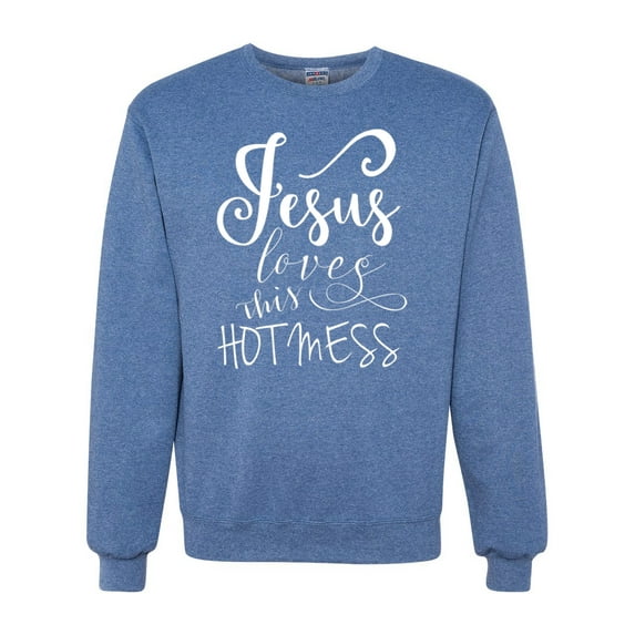 Wild Bobby, Funny Christian Quote Jesus Loves This Hot Mess, Inspirational/Christian, Unisex Crewneck Graphic Sweatshirt, Vintage Heather Blue, Medium