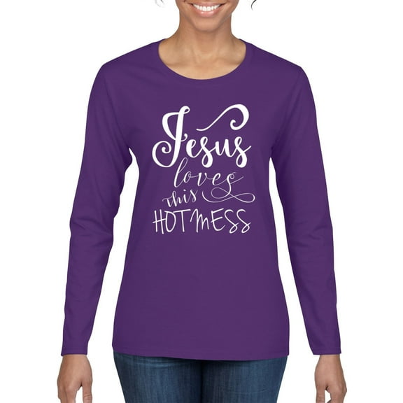 Wild Bobby, Funny Christian Quote Jesus Loves This Hot Mess, Inspirational/Christian, Women Graphic Long Sleeve Tee, Purple, Large